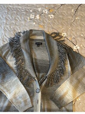 Notations Gray Ombre Fringe Shawl-Collar Button Cardigan
